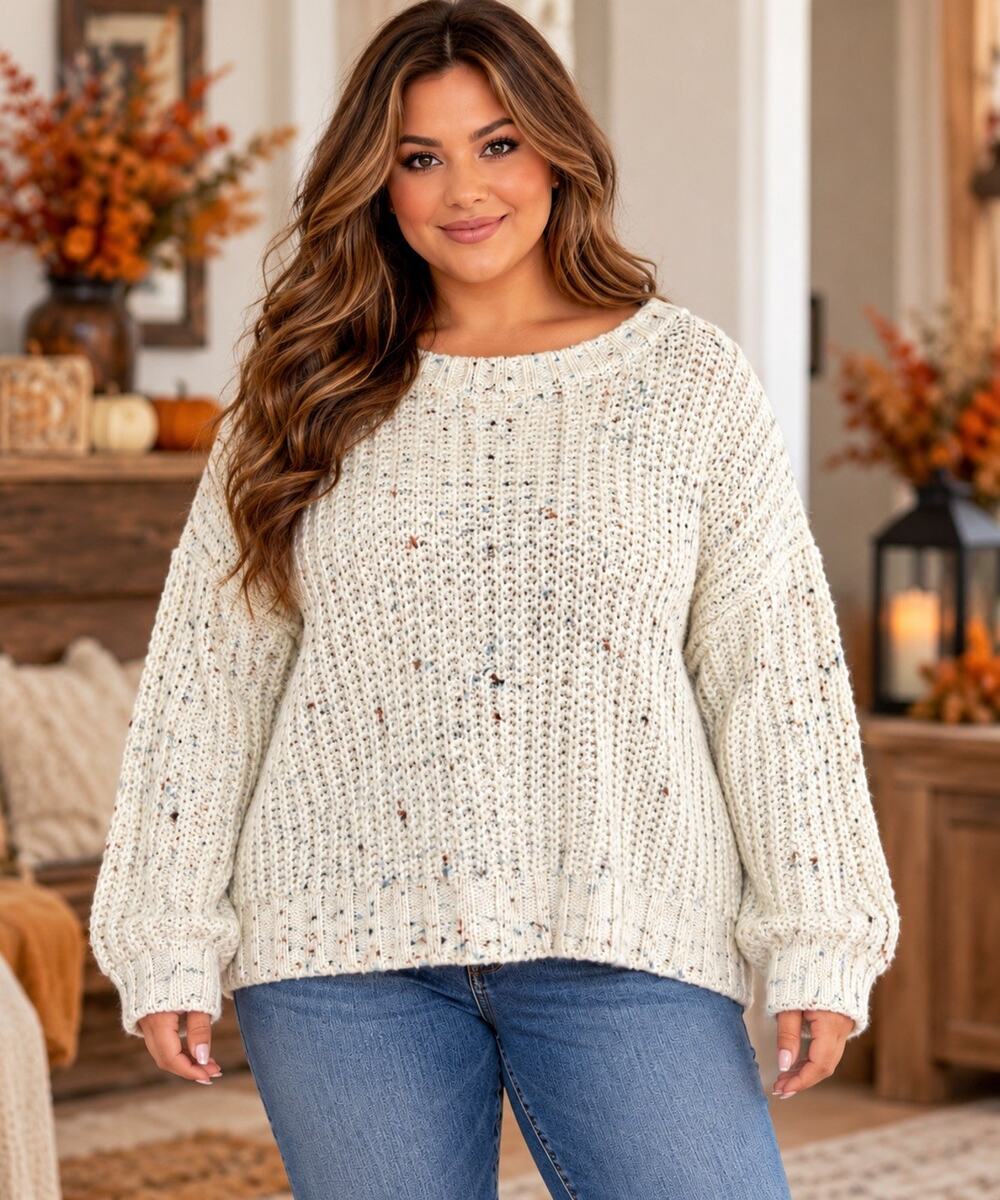 a.n.a Womens 0X Plus Ivory Speckled Knit Pullover Sweater Long Sleeve